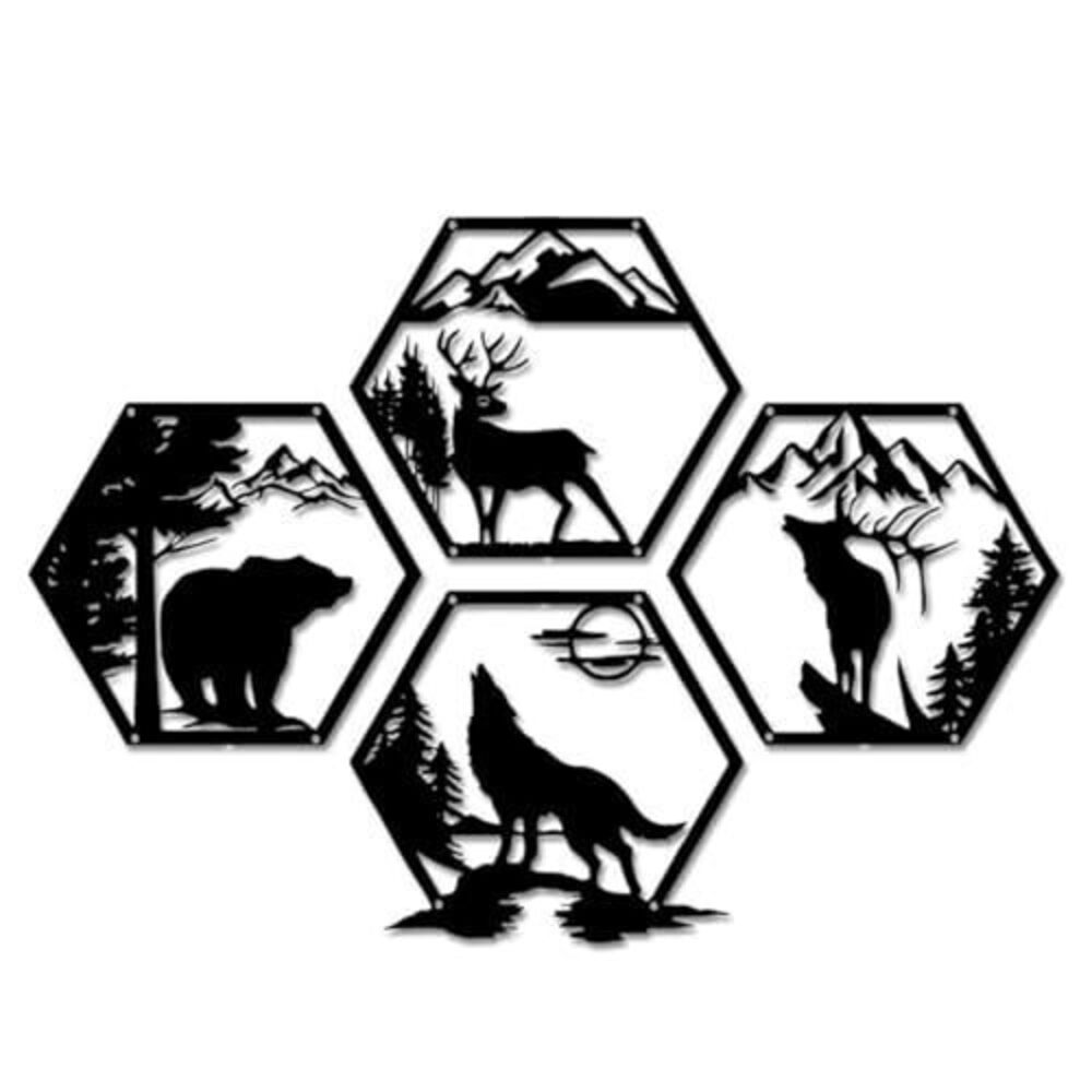 2139 Rustic Metal Wall Art Set of 4 Comprising Bear Wolf Deer and Moose